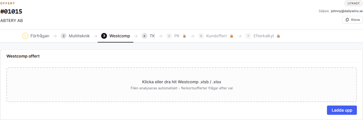Westcomp-fliken med uppladdningsruta